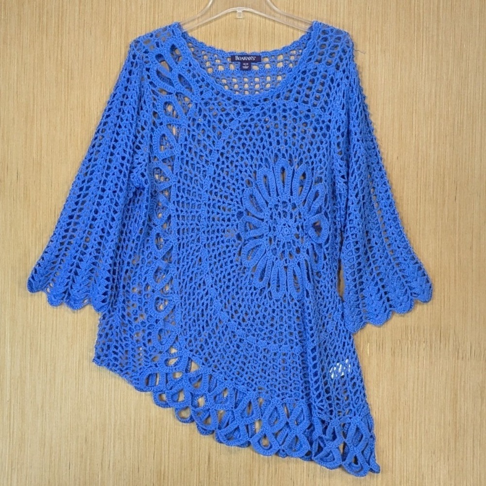 Roman's Tunic Top‎ Womens 18 Crochet Open Knit Asymmetrical Blue Boho Festival